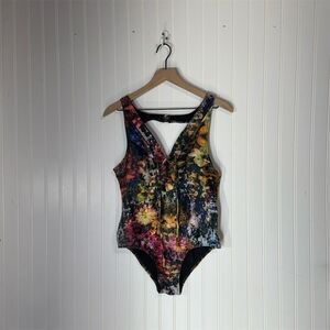 Hollie Watman Lace-Up 1PC‎ Swimsuit Floral Vines Print Sz L High Tech Fabric NWT